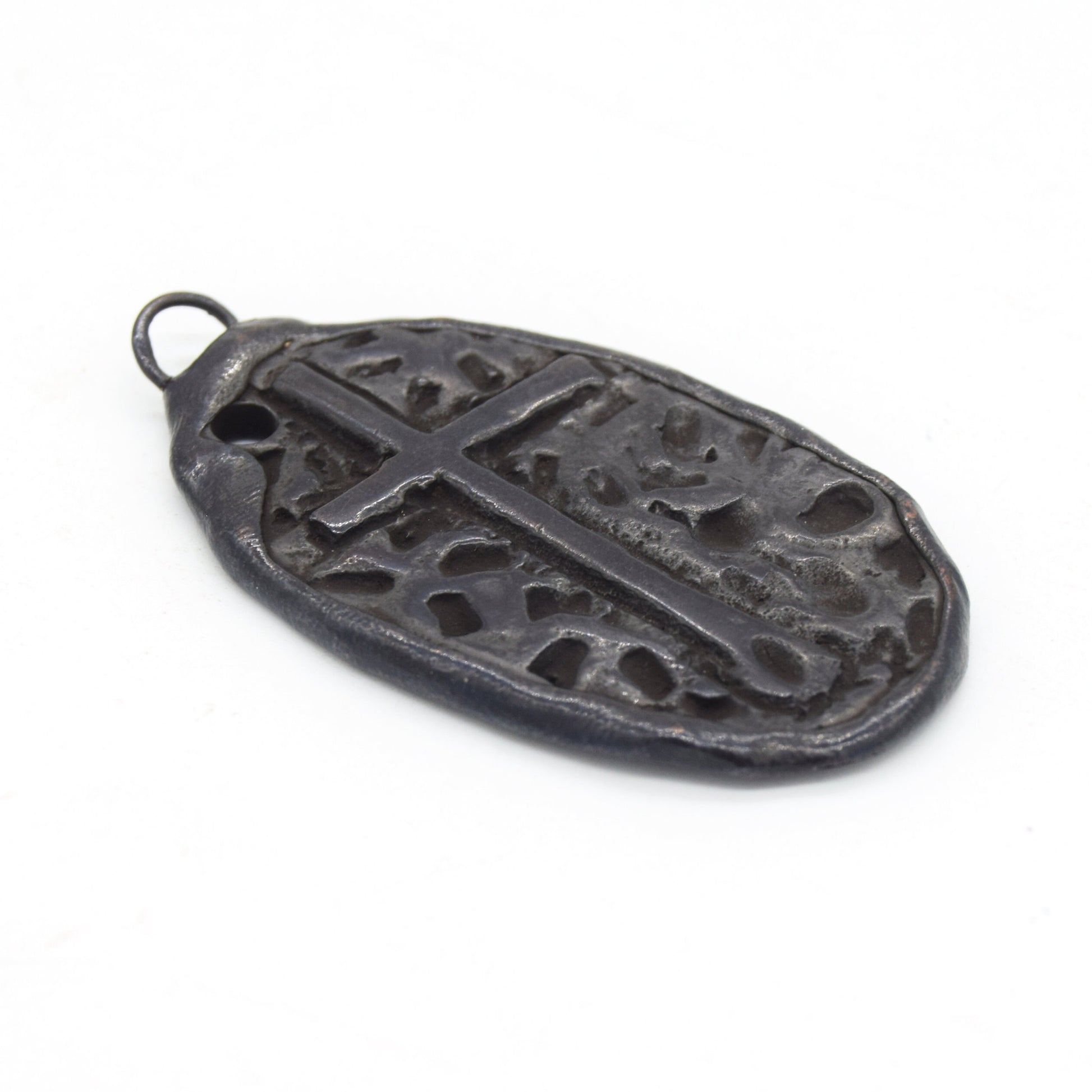 Soldered Shield with Embossed Cross Pendant | Gunmetal Plated Brass with Soldered Gunmetal Edging