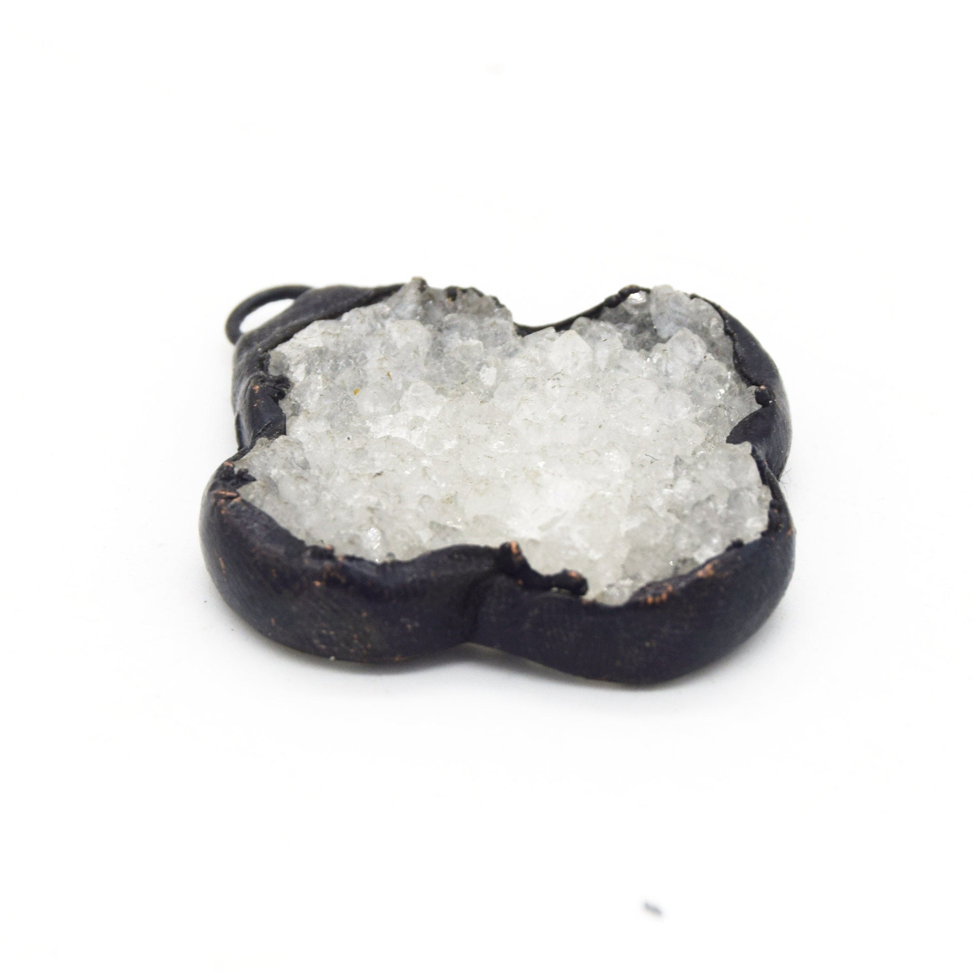 Soldered White Druzy Gemstone Pendants | Gemstone Pendants with Soldered Gunmetal Edging | Quatrefoil, Circle Shaped Pendants