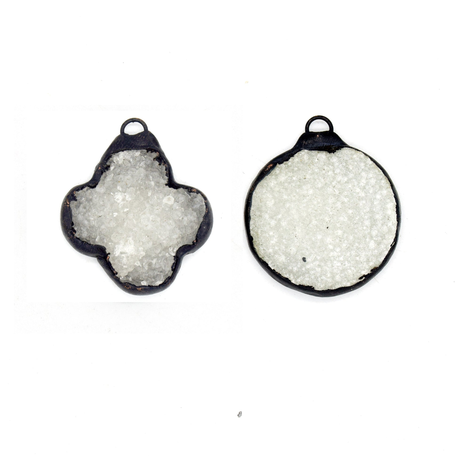 Soldered White Druzy Gemstone Pendants | Gemstone Pendants with Soldered Gunmetal Edging | Quatrefoil, Circle Shaped Pendants