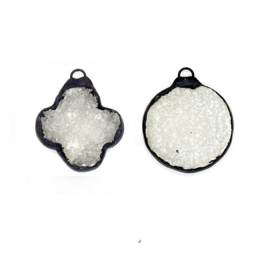 Soldered White Druzy Gemstone Pendants | Gemstone Pendants with Soldered Gunmetal Edging | Quatrefoil, Circle Shaped Pendants