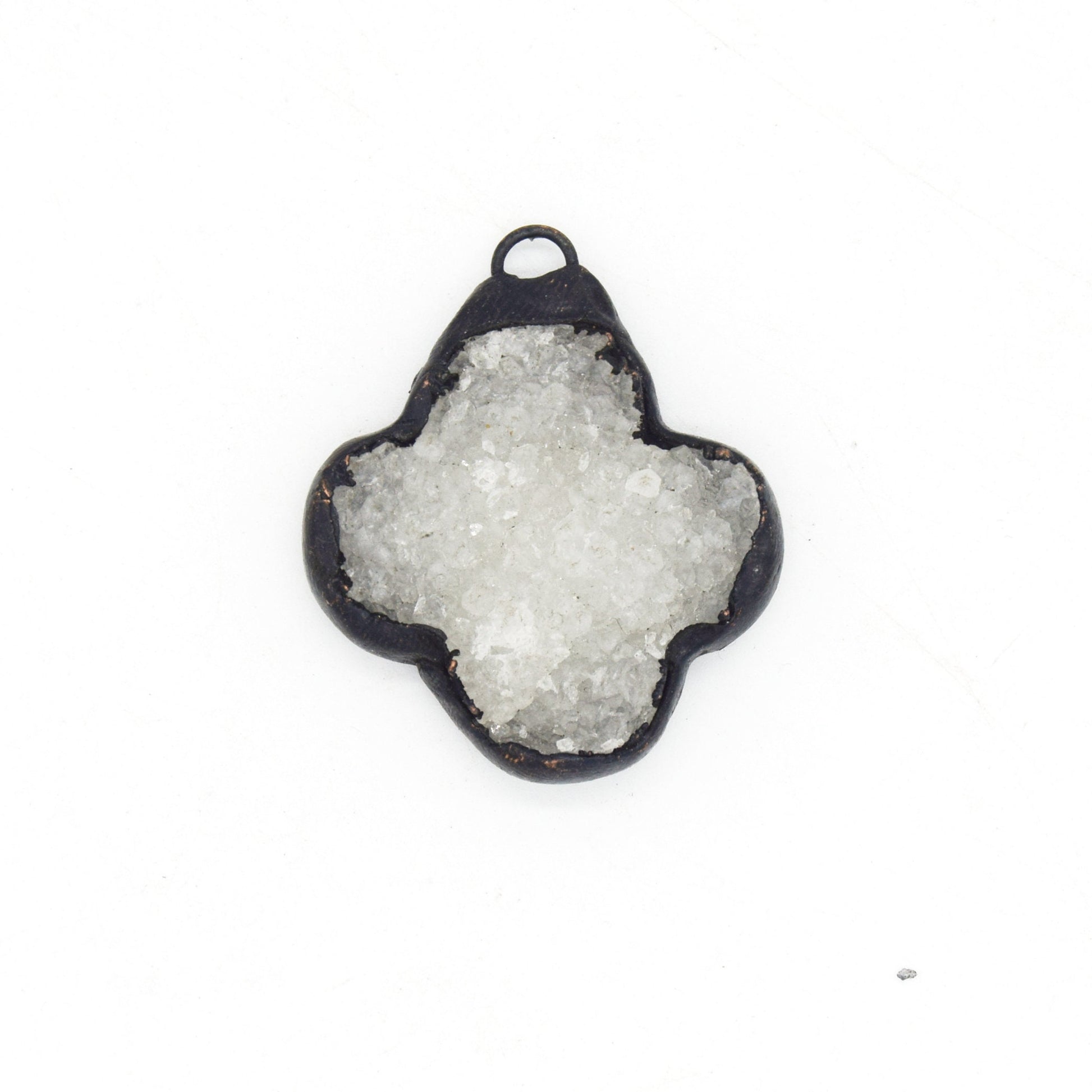 Soldered White Druzy Gemstone Pendants | Gemstone Pendants with Soldered Gunmetal Edging | Quatrefoil, Circle Shaped Pendants
