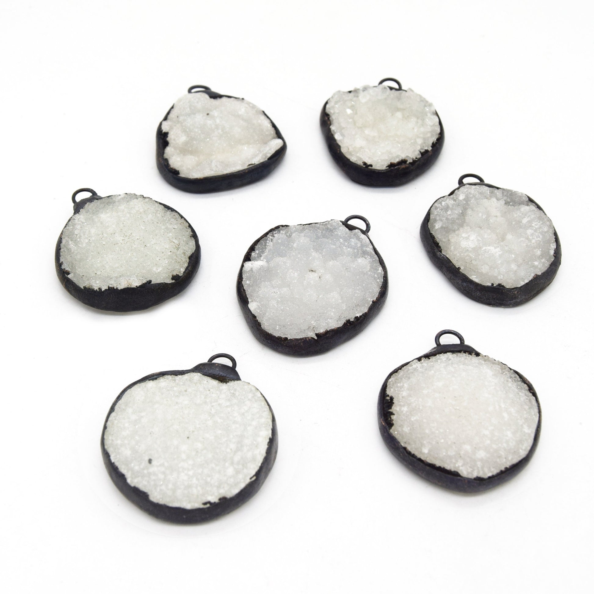 Soldered White Druzy Gemstone Pendants | Gemstone Pendants with Soldered Gunmetal Edging | Quatrefoil, Circle Shaped Pendants