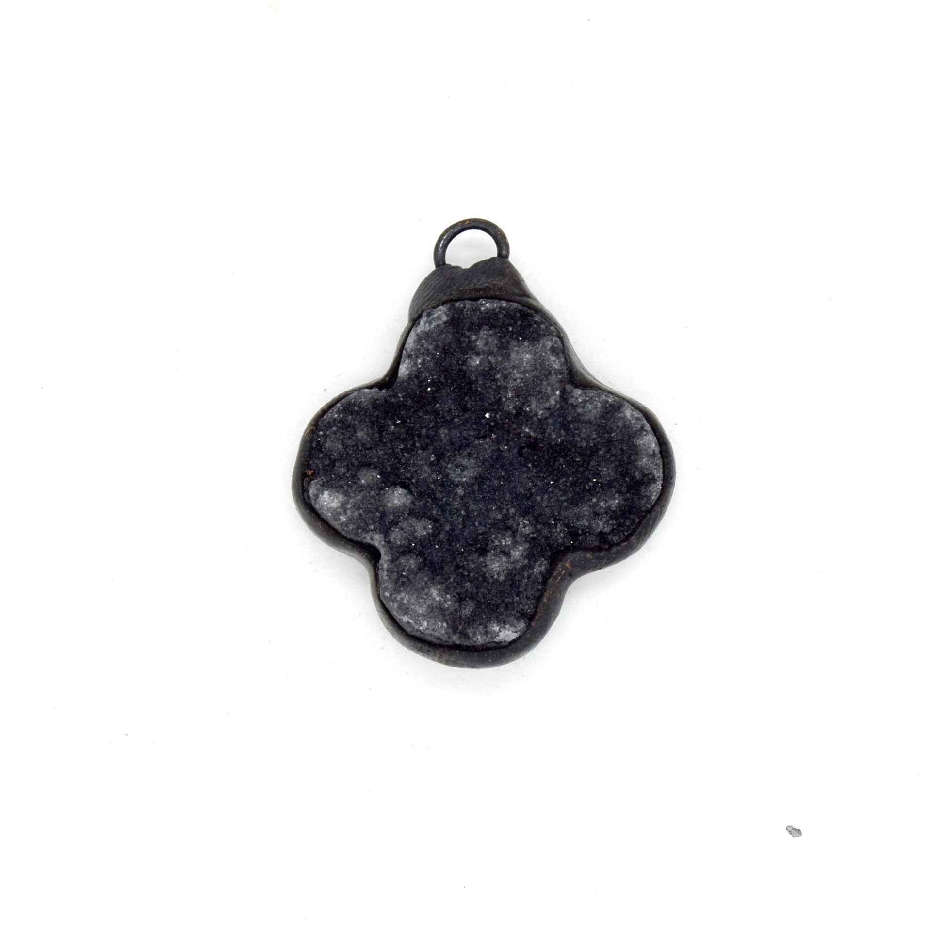 Soldered Black Druzy Gemstone Pendants | Gemstone Pendants with Soldered Gunmetal Edging | Quatrefoil, Circle Shaped Pendants