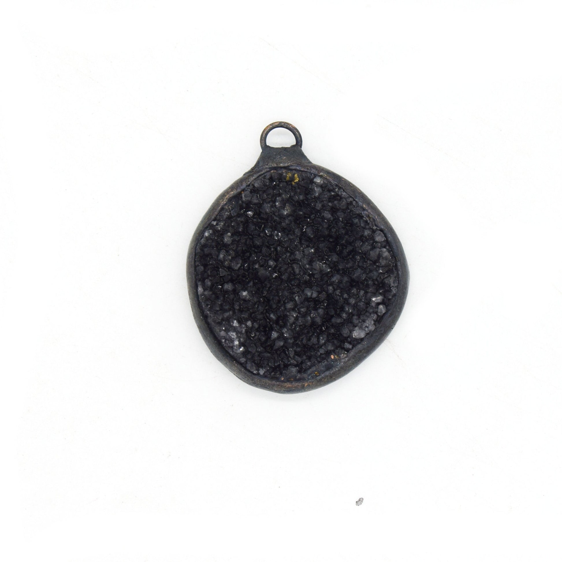 Soldered Black Druzy Gemstone Pendants | Gemstone Pendants with Soldered Gunmetal Edging | Quatrefoil, Circle Shaped Pendants