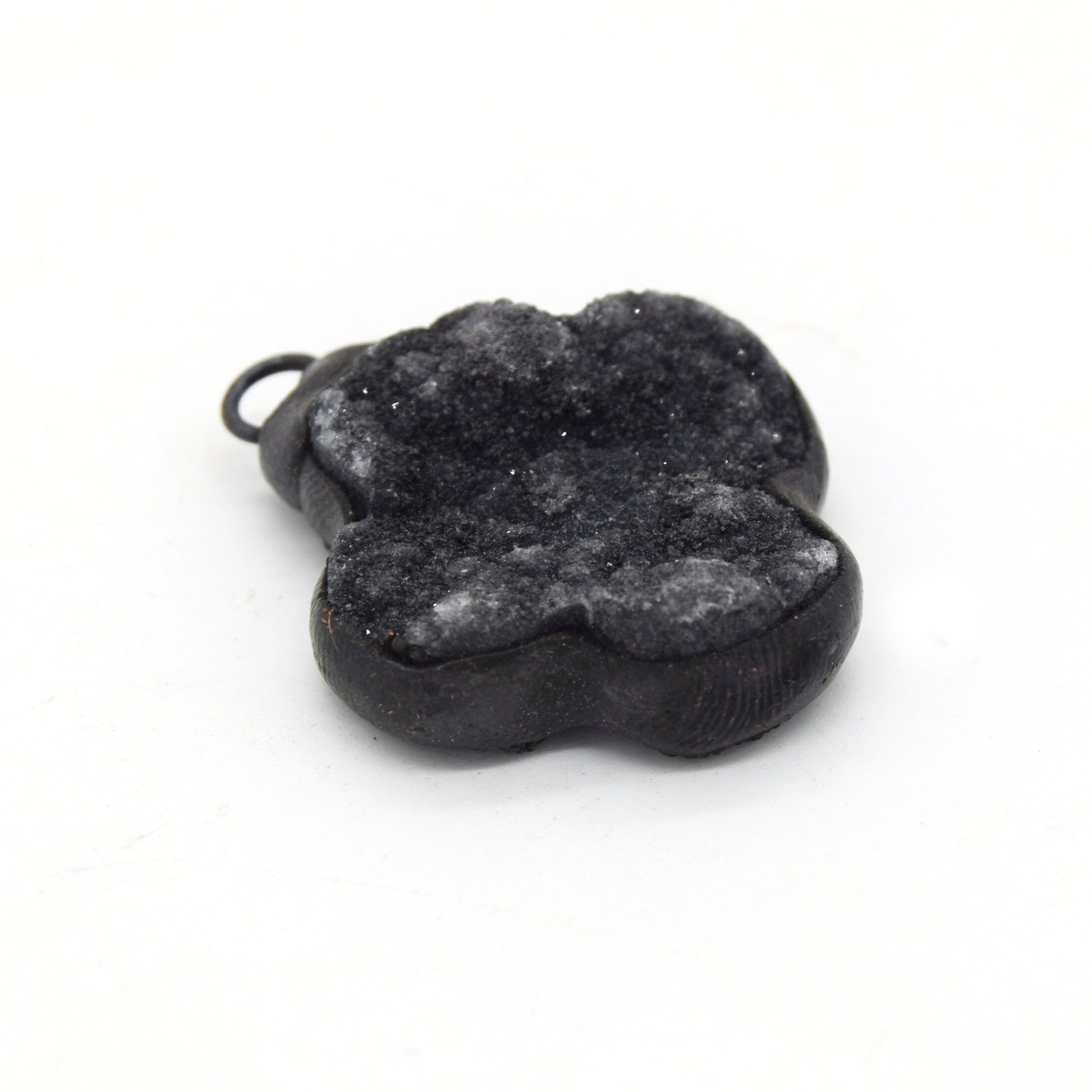 Soldered Black Druzy Gemstone Pendants | Gemstone Pendants with Soldered Gunmetal Edging | Quatrefoil, Circle Shaped Pendants
