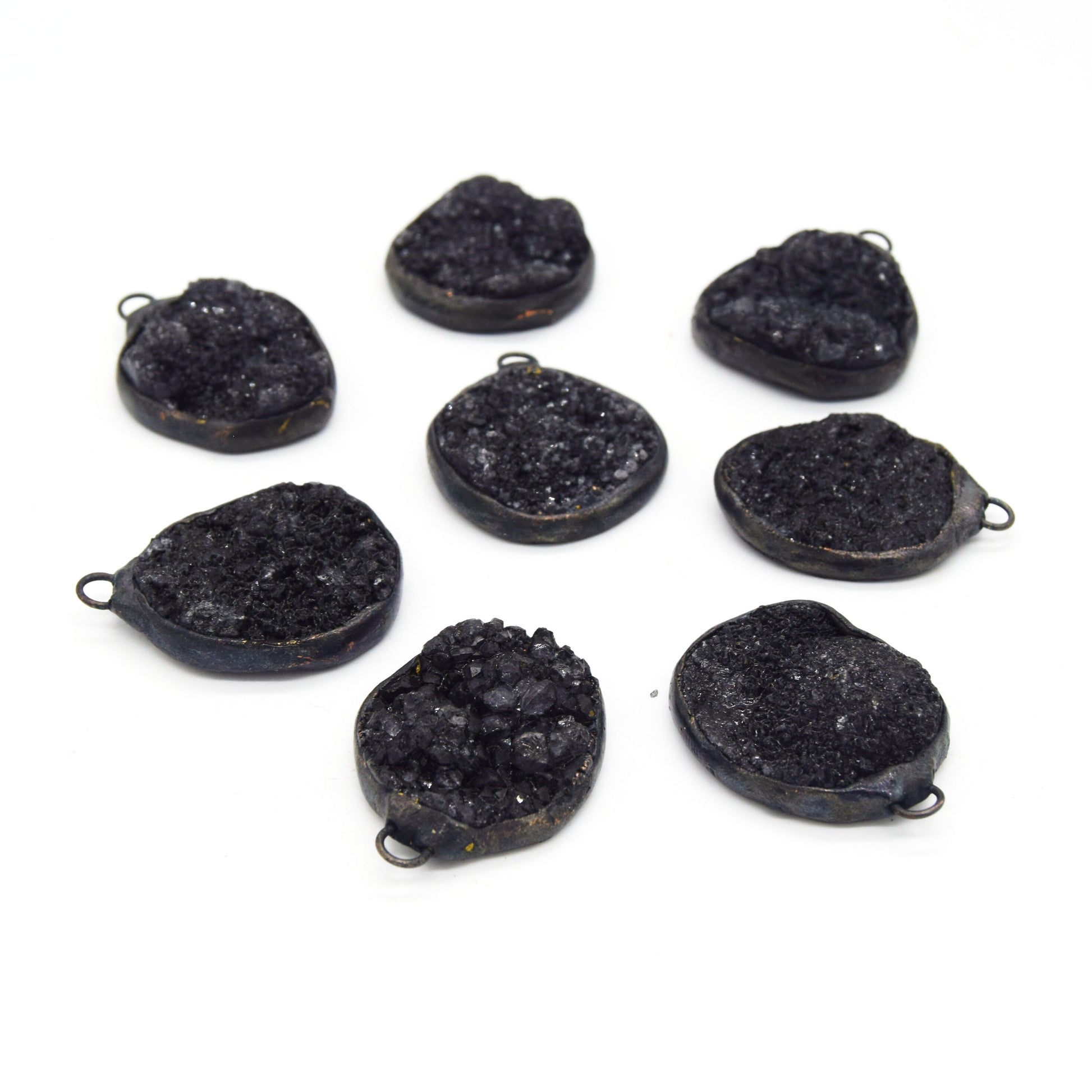 Soldered Black Druzy Gemstone Pendants | Gemstone Pendants with Soldered Gunmetal Edging | Quatrefoil, Circle Shaped Pendants