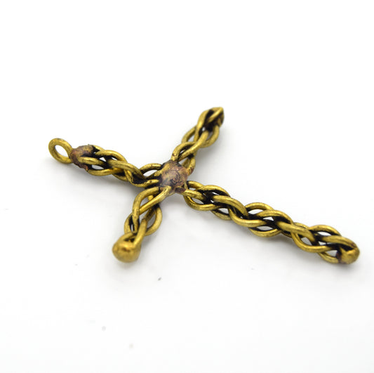 Wire Wrapped Braided Rustic Gold Cross Pendant | 2 inches | Sold Individually