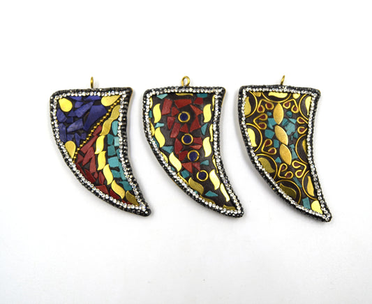 2" Tibetan Flattened Tusk/Horn Shaped Pendant - Measuring 35mm x 55mm with- Sold Individually