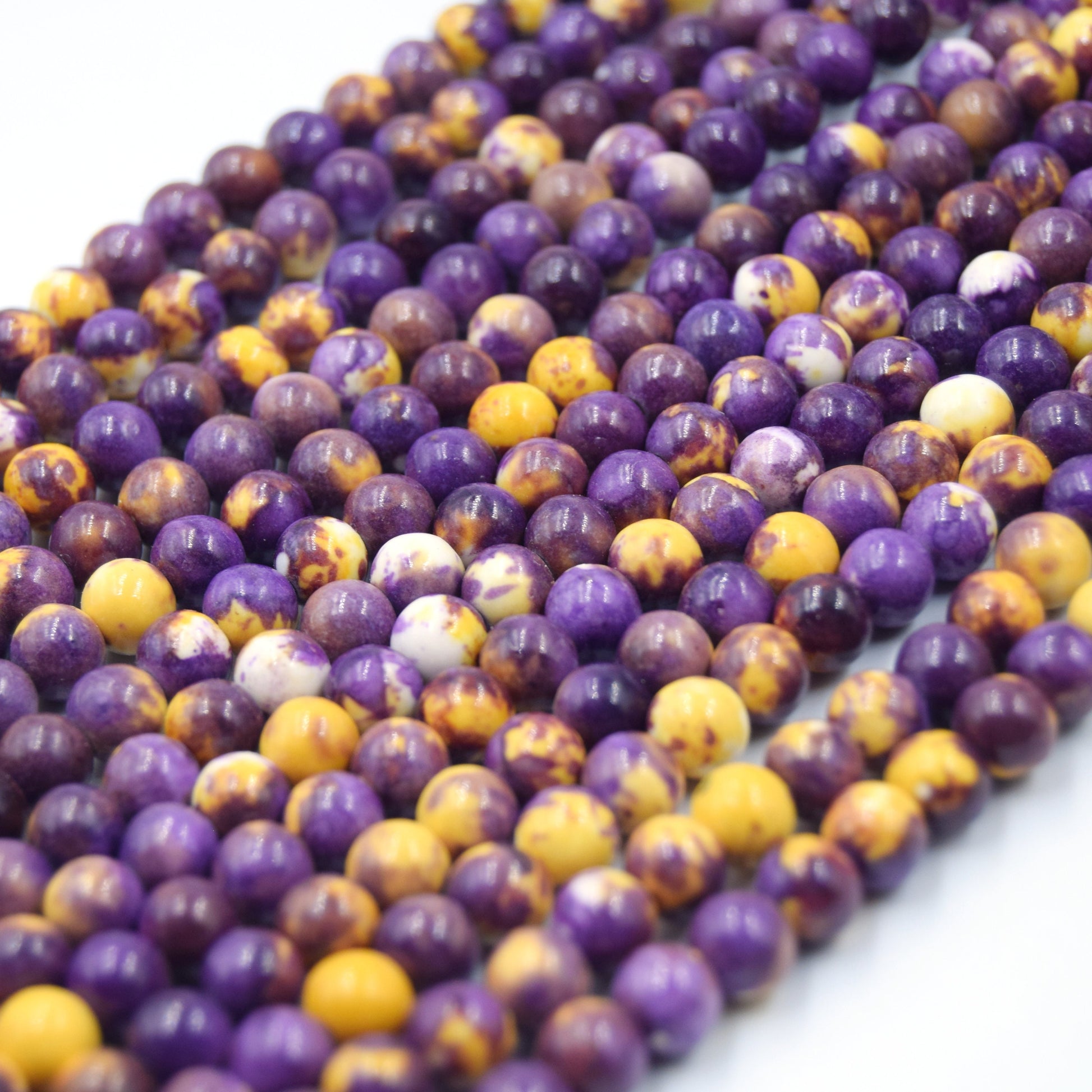 Dyed Mottled Jade Beads | Dyed Purple Yellow and White Round Gemstone Beads - 6mm 8mm 10mm 12mm Available