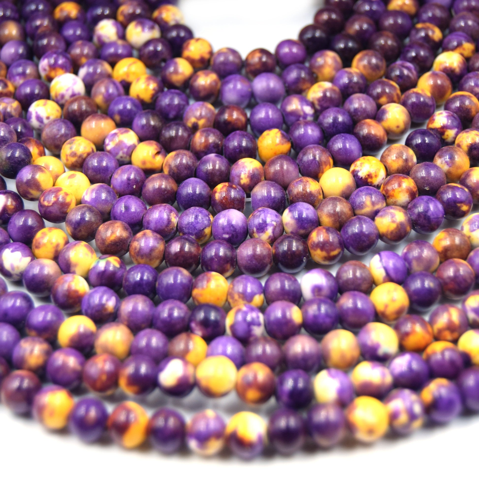 Dyed Mottled Jade Beads | Dyed Purple Yellow and White Round Gemstone Beads - 6mm 8mm 10mm 12mm Available