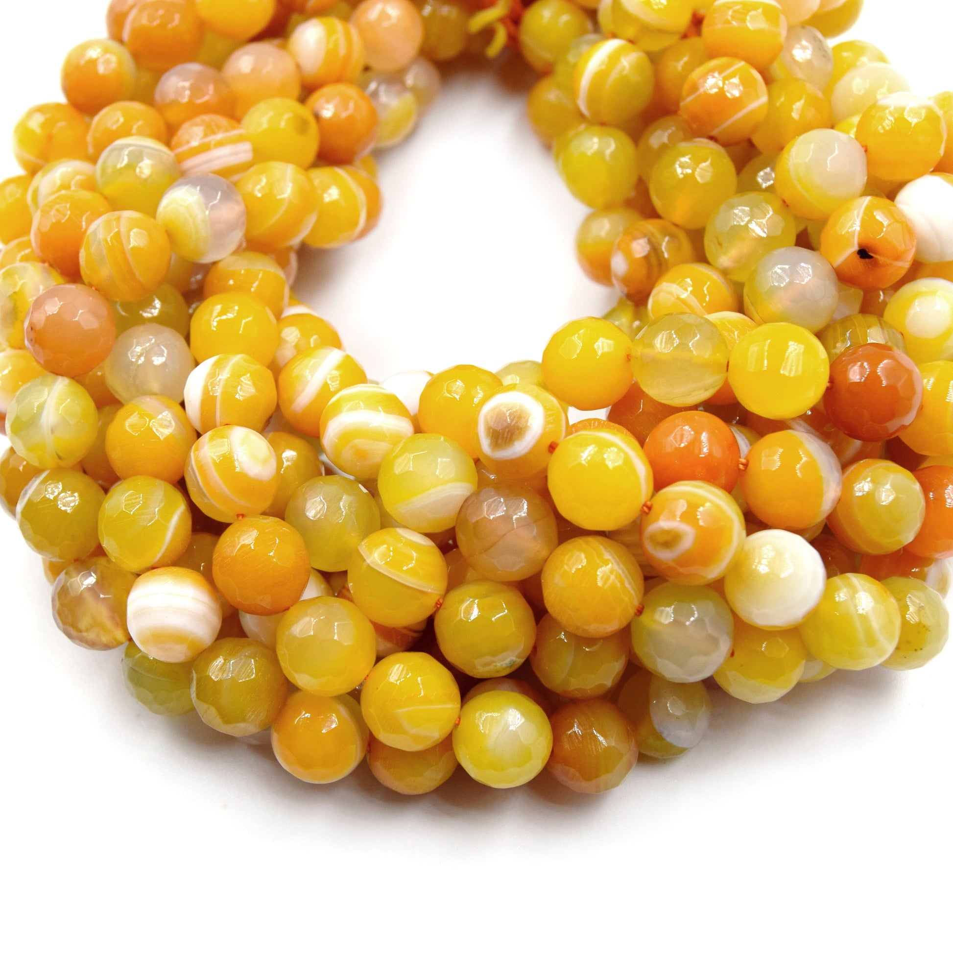 Banded Agate Beads | Dyed Orange Yellow Faceted Round Gemstone Beads - 10mm Available