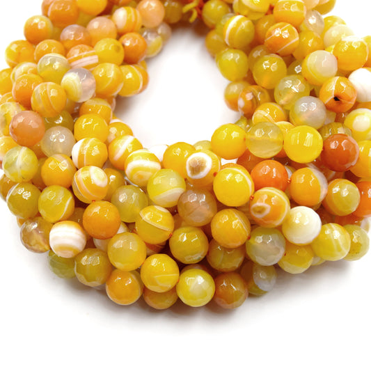 Banded Agate Beads | Dyed Orange Yellow Faceted Round Gemstone Beads - 10mm Available