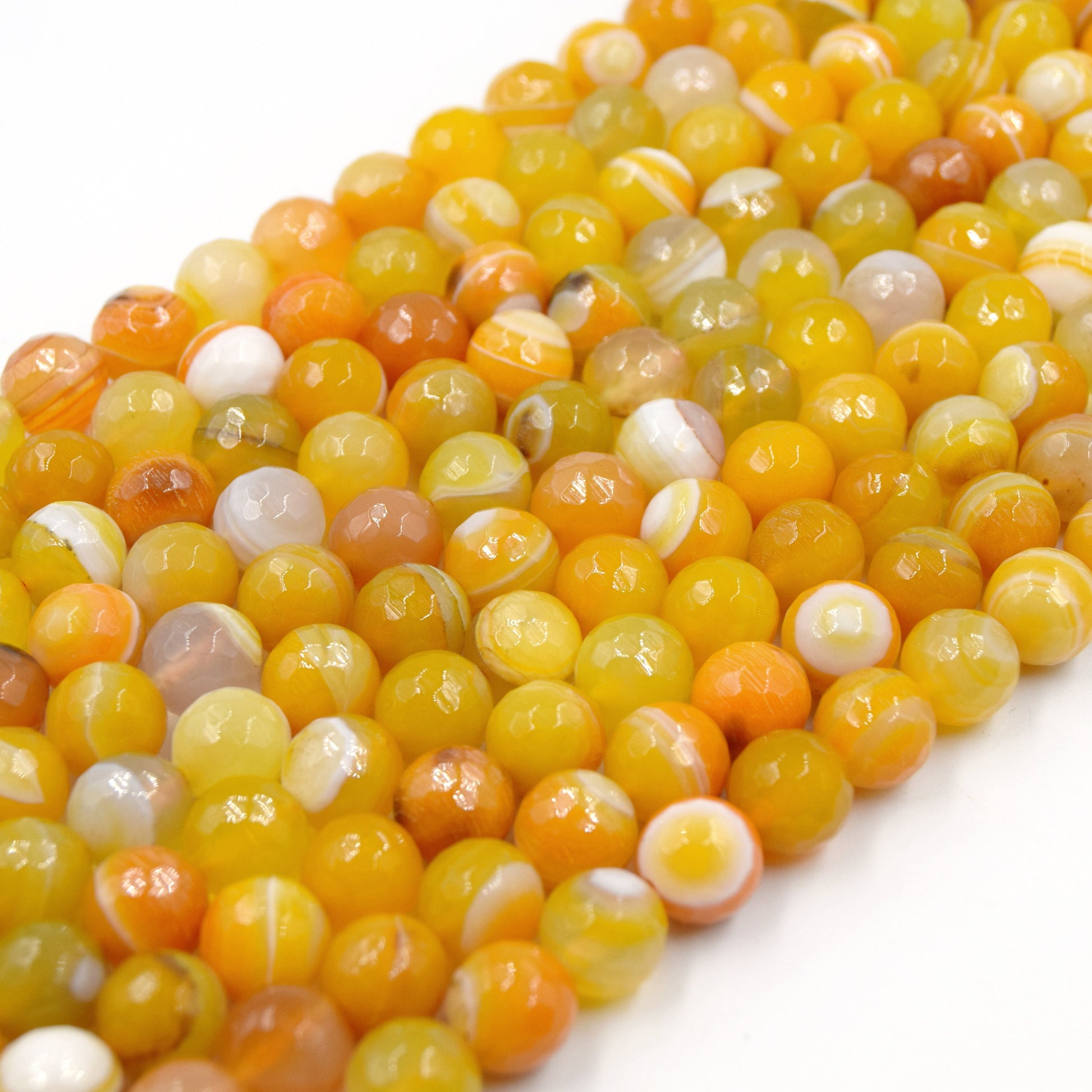 Banded Agate Beads | Dyed Orange Yellow Faceted Round Gemstone Beads - 10mm Available