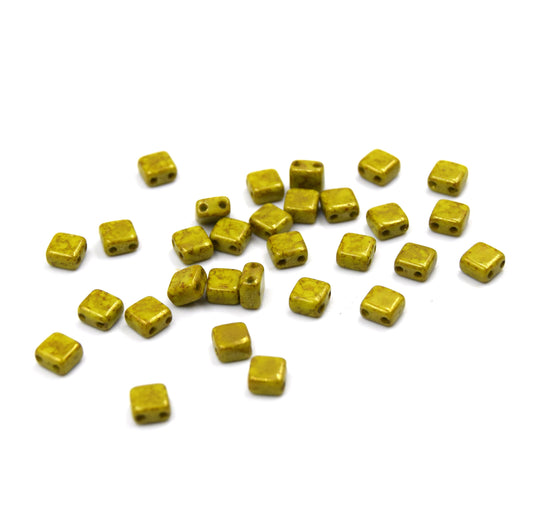 Czech Glass Tile Bead |Two Hole Tile Bead  | 5mm Square Shaped Green Lumi Double Drilled Glass Bead | 30 Beads per strand