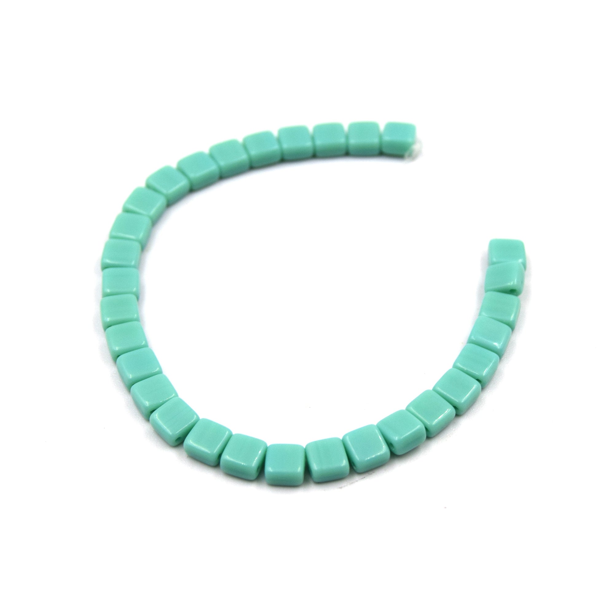 Czech Glass Tile Bead |Two Hole Tile Bead  | 5mm Square Shaped Turquoise Green Double Drilled Glass Bead | 30 Beads per strand