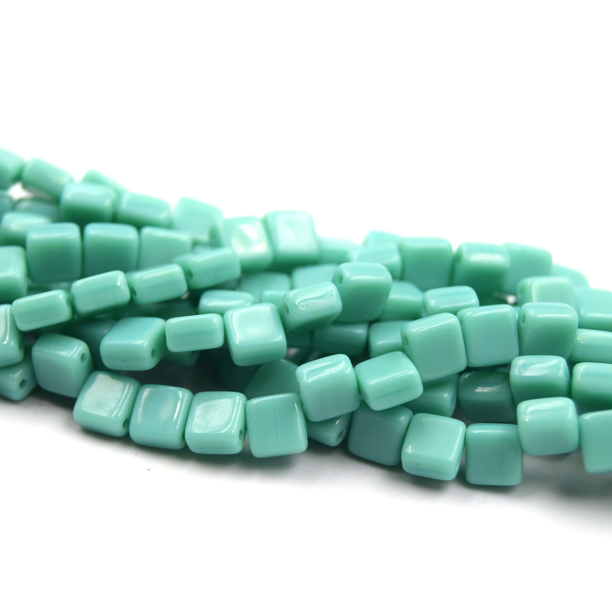 Czech Glass Tile Bead |Two Hole Tile Bead  | 5mm Square Shaped Turquoise Green Double Drilled Glass Bead | 30 Beads per strand