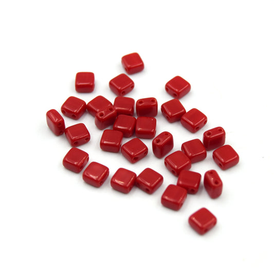 Czech Glass Tile Bead |Two Hole Tile Bead  | 5mm Square Shaped Red Opaque Double Drilled Glass Bead | 30 Beads per strand