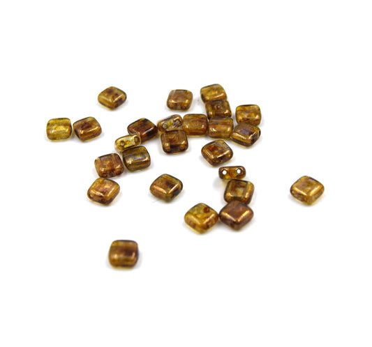 Czech Glass Tile Bead |Two Hole Tile Bead  | 5mm Square Shaped Luster Transparent Gold Double Drilled Glass Bead | 25 Beads per strand
