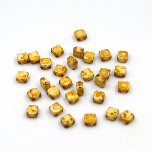 Czech Glass Tile Bead |Two Hole Tile Bead  | 5mm Square Shaped Chalk Dark Travertine Double Drilled Glass Bead | 30 Beads per strand