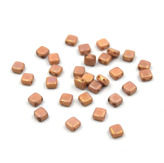 Czech Glass Tile Bead |Two Hole Tile Bead  | 5mm Square Shaped Chalk Red Luster (PINK) Double Drilled Glass Bead | 30 Beads per strand