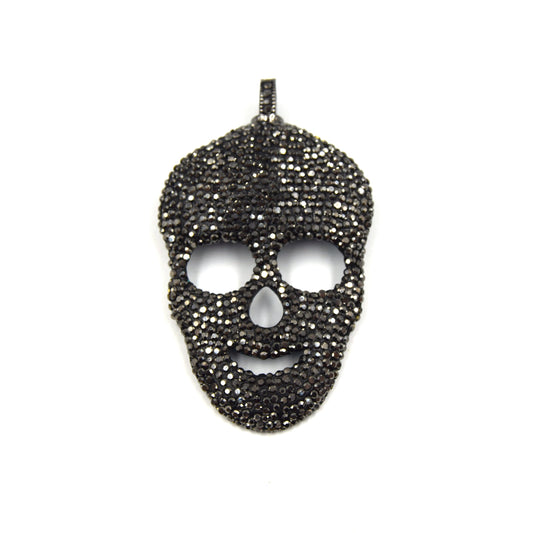 Pave Rhinestone Encrusted Skull Shaped Gunmetal Pendant with Attached Clasp Bail - Measuring 45mm x 78mm, Approx.