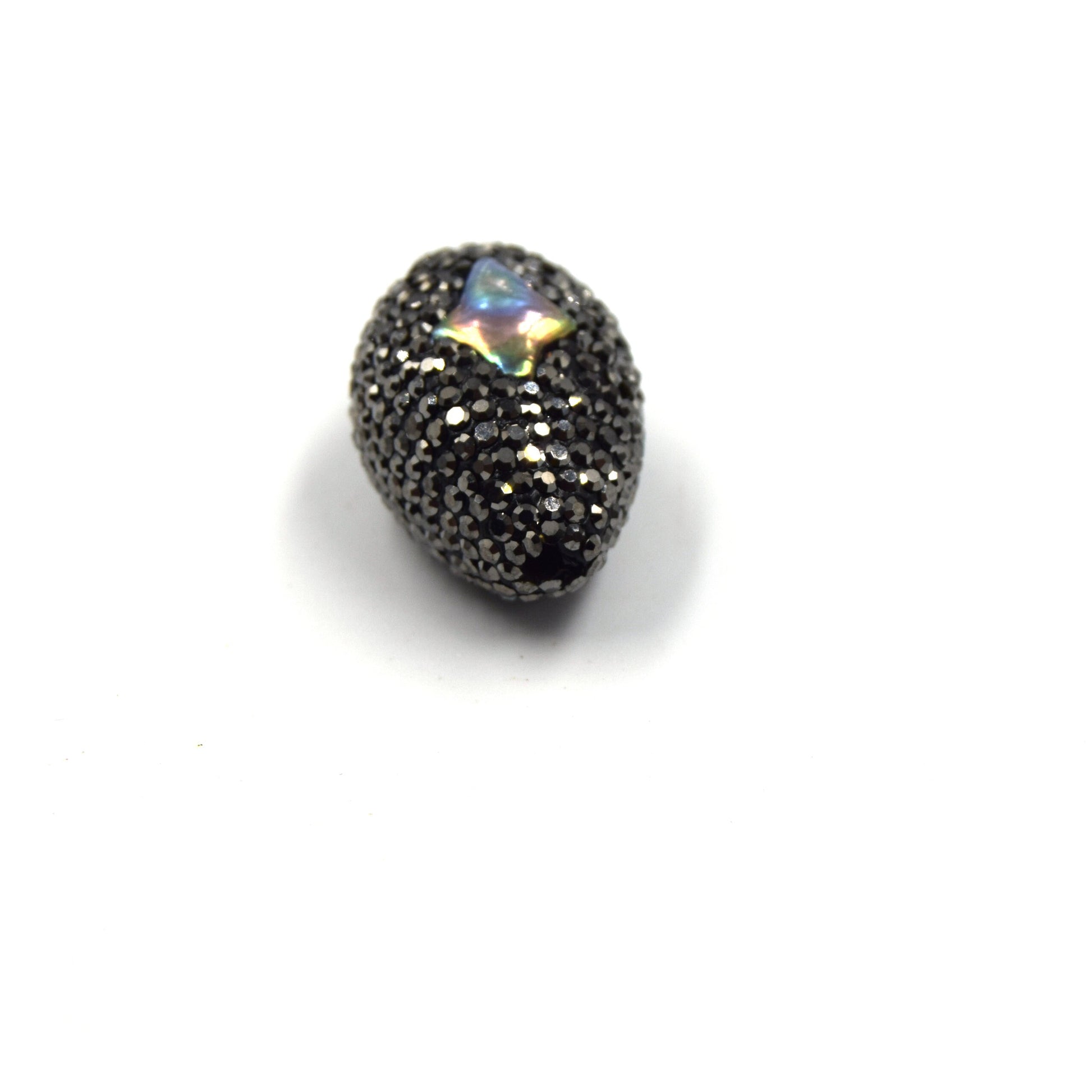 Pave Rhinestone Encrusted Puffed Oval Shaped Bead with Rainbow Abalone Inlay - Measuring 20mm x 30mm, Approx.