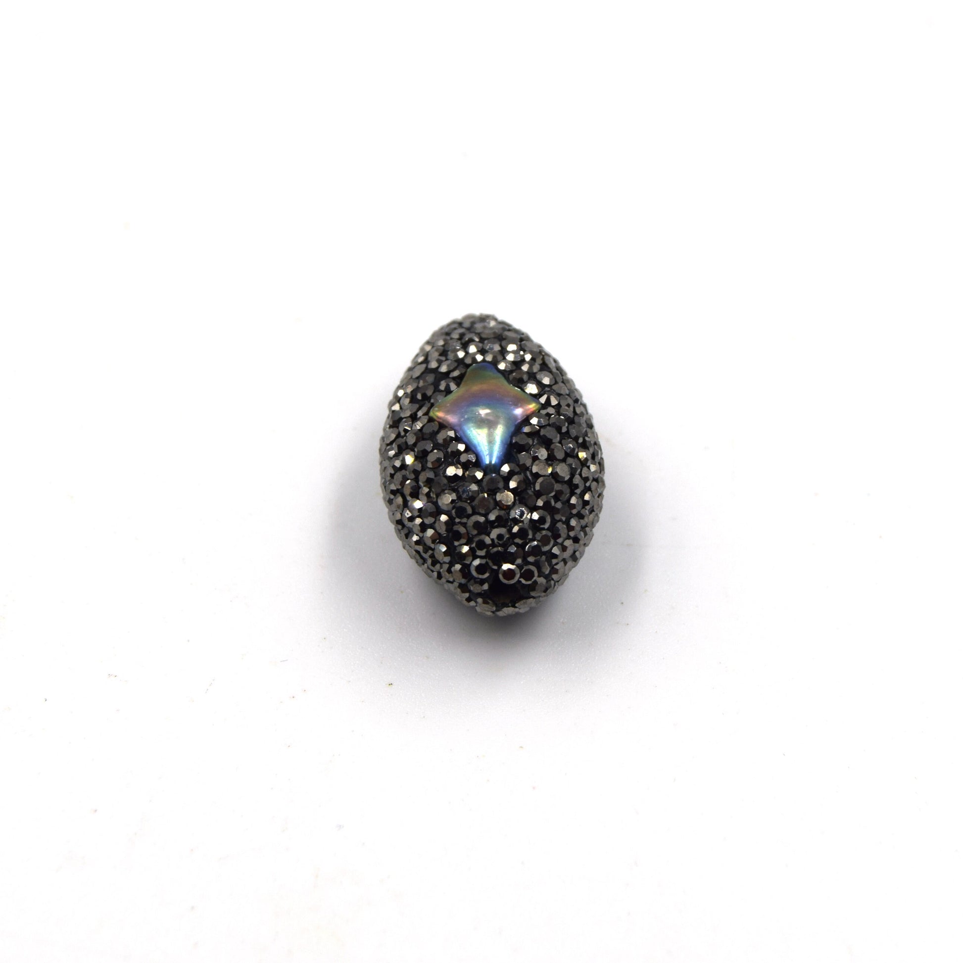 Pave Rhinestone Encrusted Puffed Oval Shaped Bead with Rainbow Abalone Inlay - Measuring 20mm x 30mm, Approx.