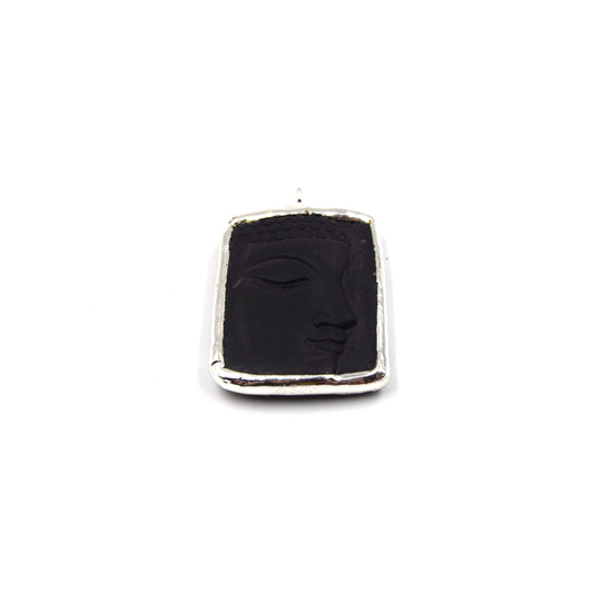 2" Soldered Silver Buddha Head/Face Natural Black Onyx Rectangle Pendant with Attached Ring - Measuring 35mm x 45mm, Approx.