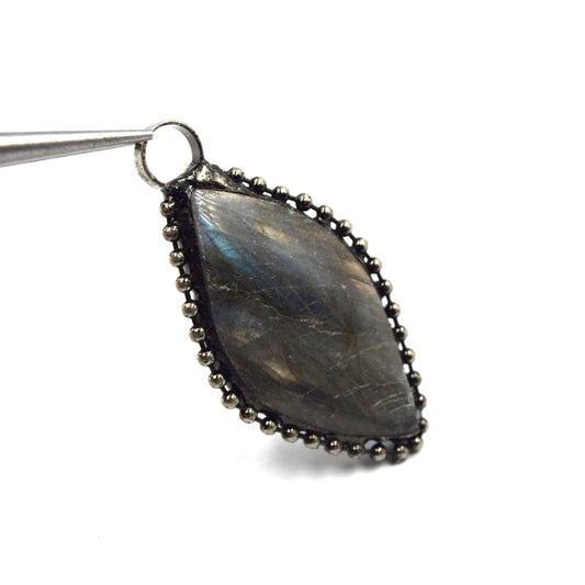 2.75" Gunmetal Soldered Natural Labradorite Gemstone Pendant with Attached Ring - Measuring 20mm x 68mm, Approx.