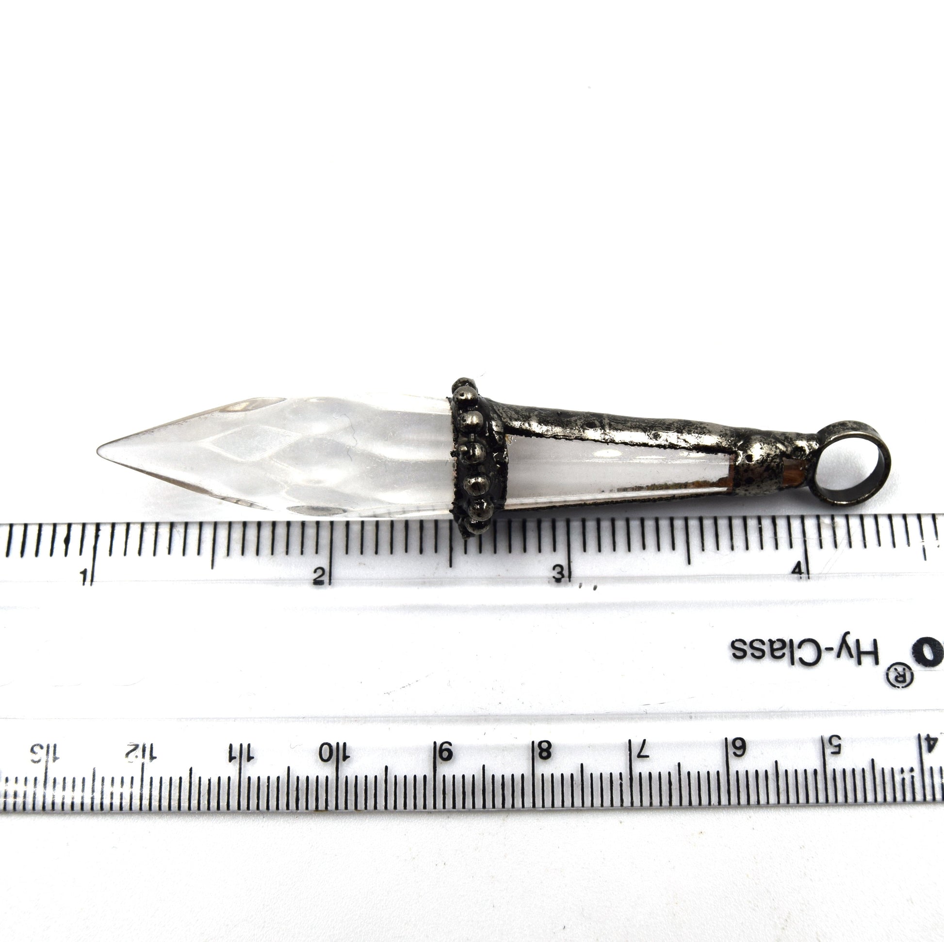 3.5" Gunmetal Soldered Clear Glass Point Pendant with Attached Ring - Measuring 20mm x 80mm, Approx.
