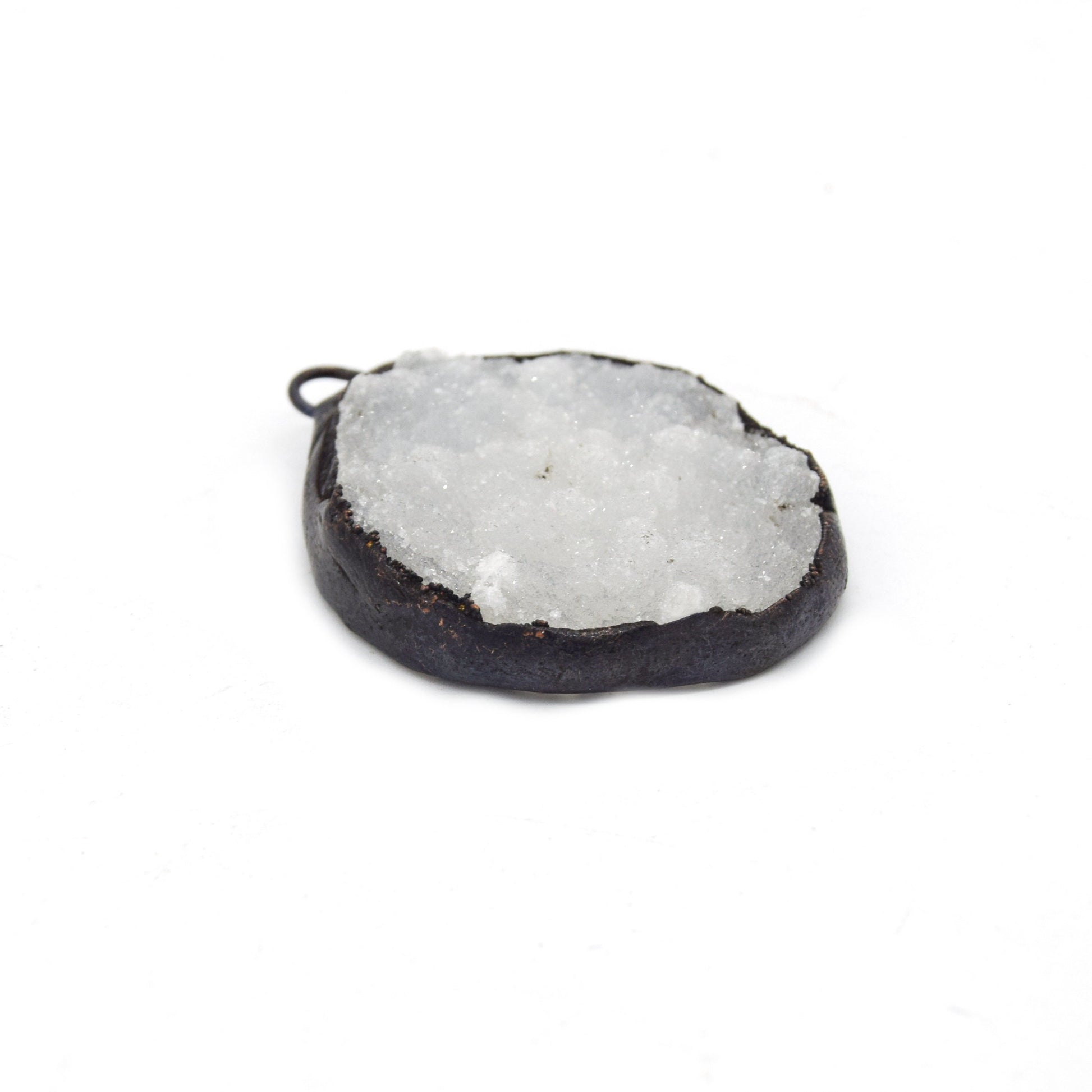 Soldered White Druzy Gemstone Pendants | Gemstone Pendants with Soldered Gunmetal Edging | Quatrefoil, Circle Shaped Pendants