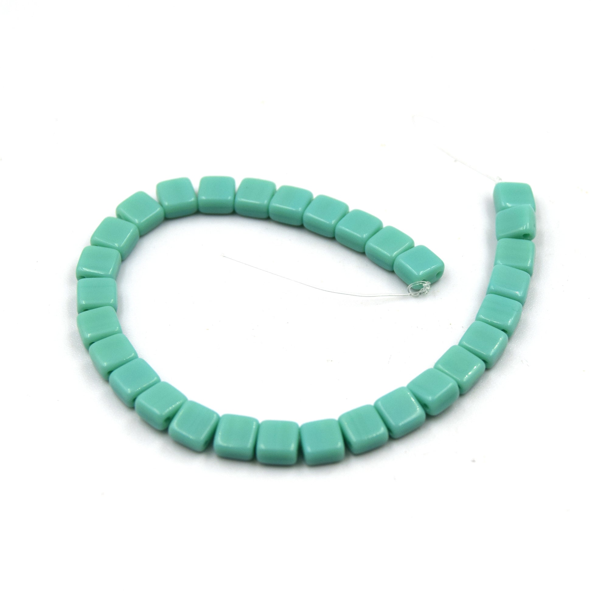 Czech Glass Tile Bead |Two Hole Tile Bead  | 5mm Square Shaped Turquoise Green Double Drilled Glass Bead | 30 Beads per strand