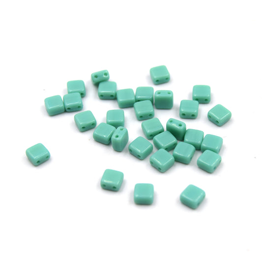 Czech Glass Tile Bead |Two Hole Tile Bead  | 5mm Square Shaped Turquoise Green Double Drilled Glass Bead | 30 Beads per strand