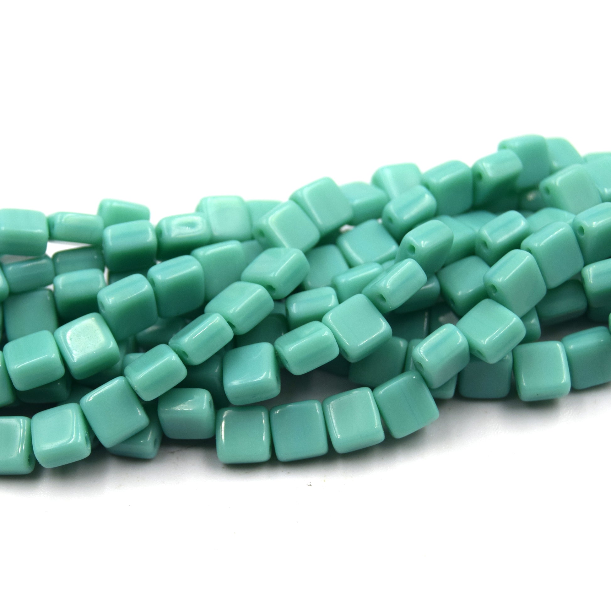 Czech Glass Tile Bead |Two Hole Tile Bead  | 5mm Square Shaped Turquoise Green Double Drilled Glass Bead | 30 Beads per strand