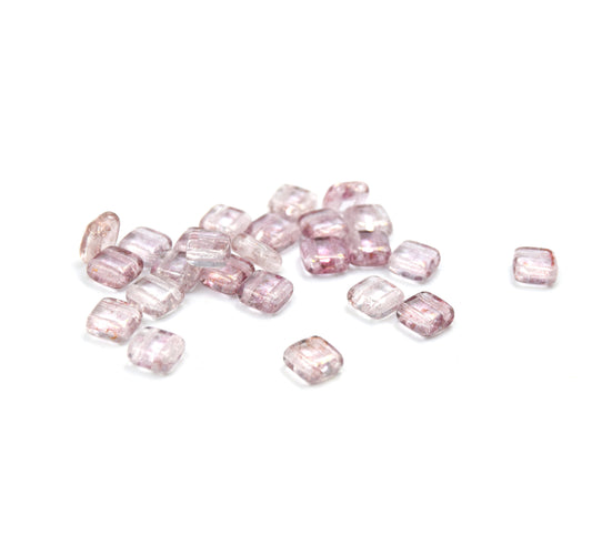 Czech Glass Tile Bead |Two Hole Tile Bead  | 6mm Square Shaped Luster Transparent Topaz Pink Double Drilled Glass Bead | 25 Beads per strand