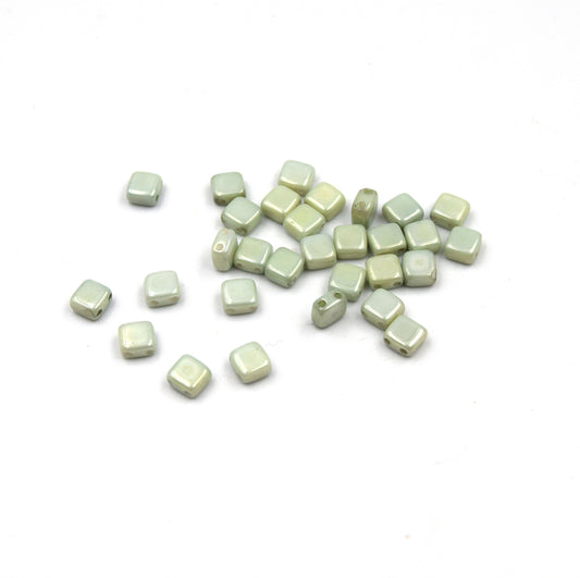 Czech Glass Tile Bead |Two Hole Tile Bead | 5mm Square Shaped Chalk Green Luster Double Drilled Glass Bead | 30 Beads per strand