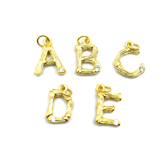 Gold Alphabet Cubic Zirconia Pendant | Brass Letter with CZ accent | Matte Gold Textured Brass Letters