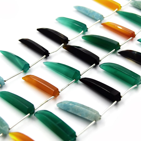 Mixed Gemstone Beads | Hand Cut Indian Gemstone | 8mm x 30mm Spiked Green Onyx, Smoky Quartz, Amazonite, Carnelian