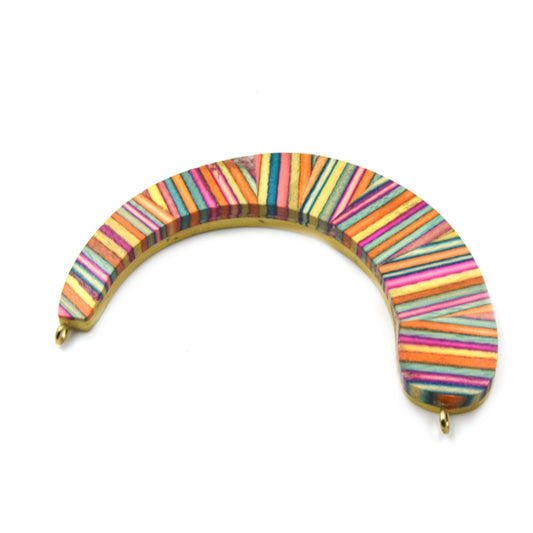 Wood Pendant | 3.5" Rainbow Teardrop U-Shaped Crescent Wood Focal Pendant with Gold Rings - Measuring 85mm x 18mm