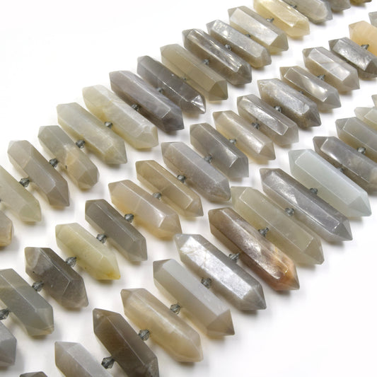 Gray Moonstone Beads | Double Point Center Drilled Gemstone Beads | 25mm - 50mm Graduated Double Point Shaped Beads