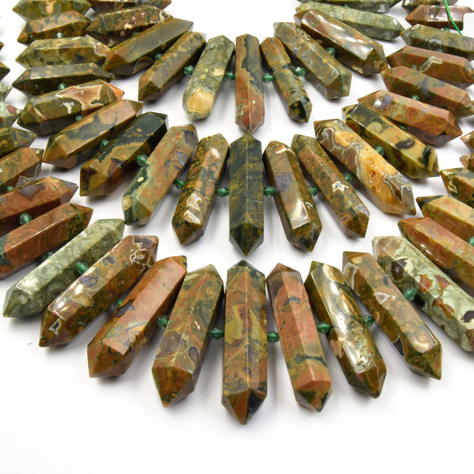 Rainforest Rhyolite Jasper Beads | Double Point Center Drilled Gemstone Beads | 25mm - 50mm Graduated Double Point Shaped Beads