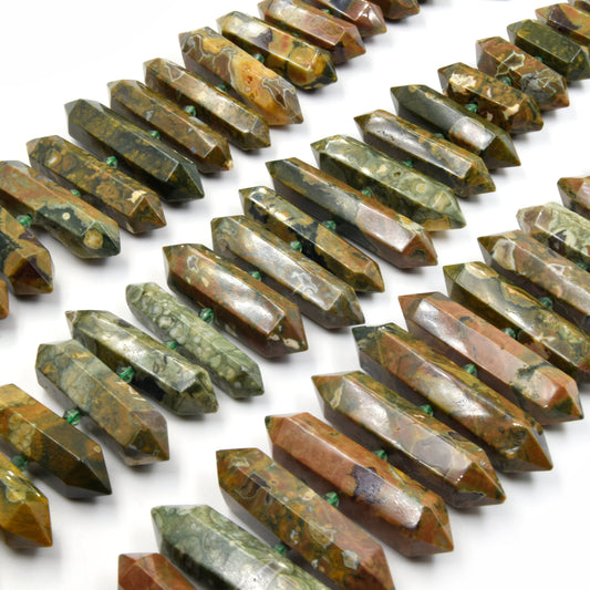 Rainforest Rhyolite Jasper Beads | Double Point Center Drilled Gemstone Beads | 25mm - 50mm Graduated Double Point Shaped Beads
