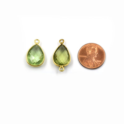 Light Green Quartz Bezel | Gold Finish Faceted Transparent Pear Shaped Pendant Connector Component | Sold Individually