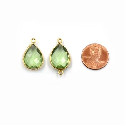Light Green Quartz Bezel | Gold Finish Faceted Transparent Pear Shaped Pendant Connector Component | Sold Individually