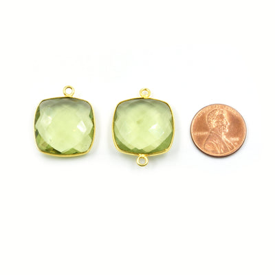 Light Green Quartz Bezel | Gold Finish Faceted Transparent Square Shaped Pendant Connector Component | Sold Individually