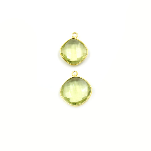 Light Green Quartz Bezel | Gold Finish Faceted Transparent Diamond Shaped Pendant Connector Component | Sold Individually