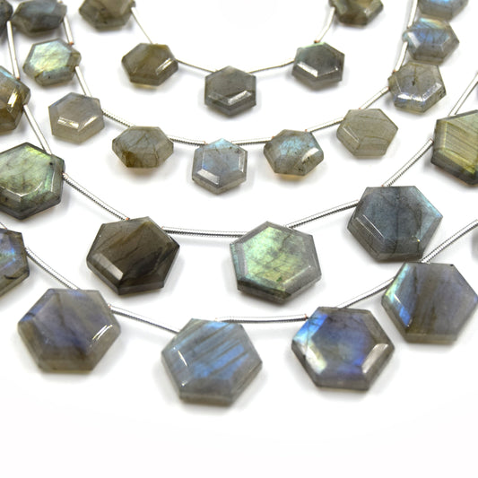 Labradorite Beads | Hand Cut Indian Gemstone | 10mm and 15mm Hexagon Shaped Top Drilled Beads | AAA Labradorite | Loose Gemstone Beads
