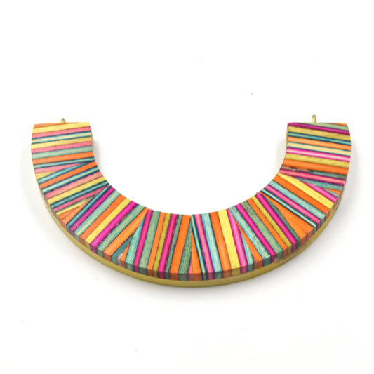 Wood Pendant | 3.5" Rainbow U-Shaped Crescent Wood Focal Pendant with Gold Rings - Measuring 90mm x 20mm