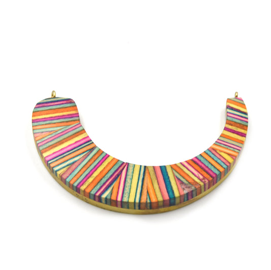 Wood Pendant | 3.5" Rainbow Teardrop U-Shaped Crescent Wood Focal Pendant with Gold Rings - Measuring 85mm x 18mm