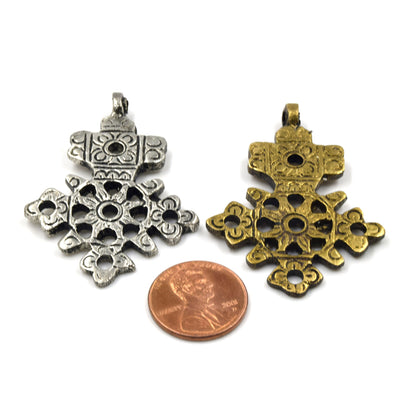 Floral Ethiopian Cross Pendants | 35mm x 50mm Brass Cross Pendants | Antique Gold and Antique Silver Cross Pendants